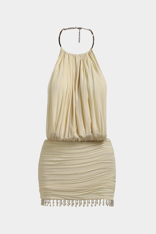 Pearl Ruched Mesh Halter Mini Dress
