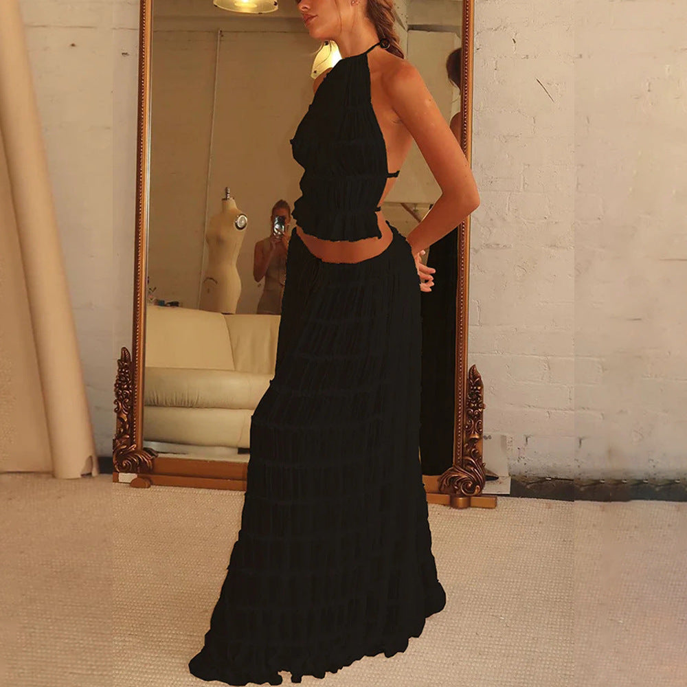 Sexy Crop Top and Flowing Pleated Skirt Set