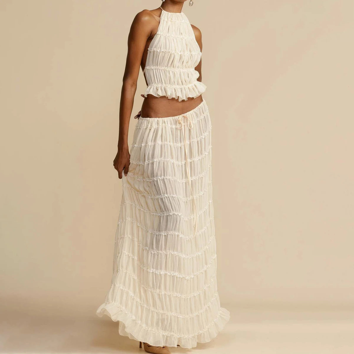Sexy Crop Top and Flowing Pleated Skirt Set