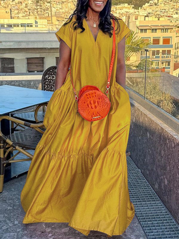 Loose V-Neck Pleated Maxi Dress with Pockets