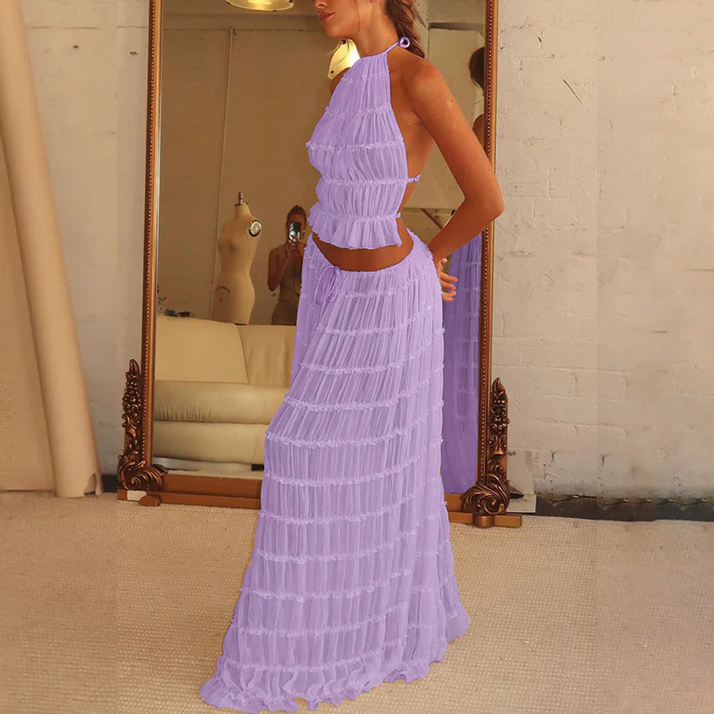 Sexy Crop Top and Flowing Pleated Skirt Set