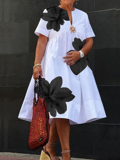 Beth-A-Line Loose Flower Print Pleated V-Neck Midi Dresses
