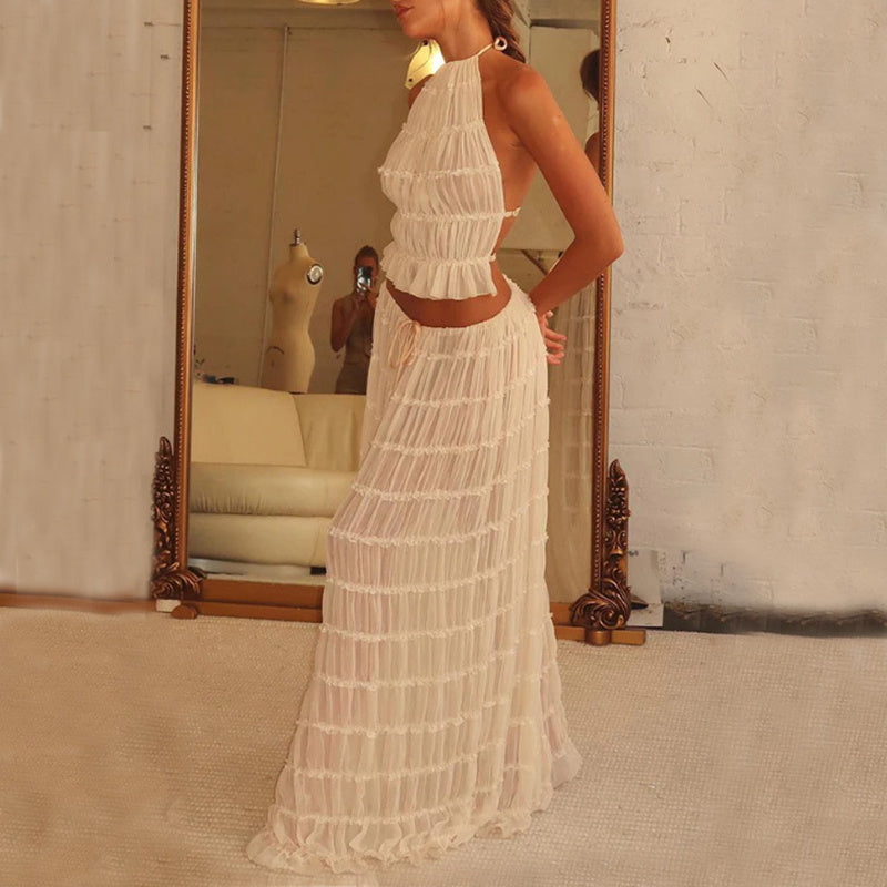 Sexy Crop Top and Flowing Pleated Skirt Set