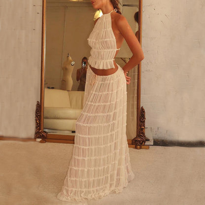 Sexy Crop Top and Flowing Pleated Skirt Set