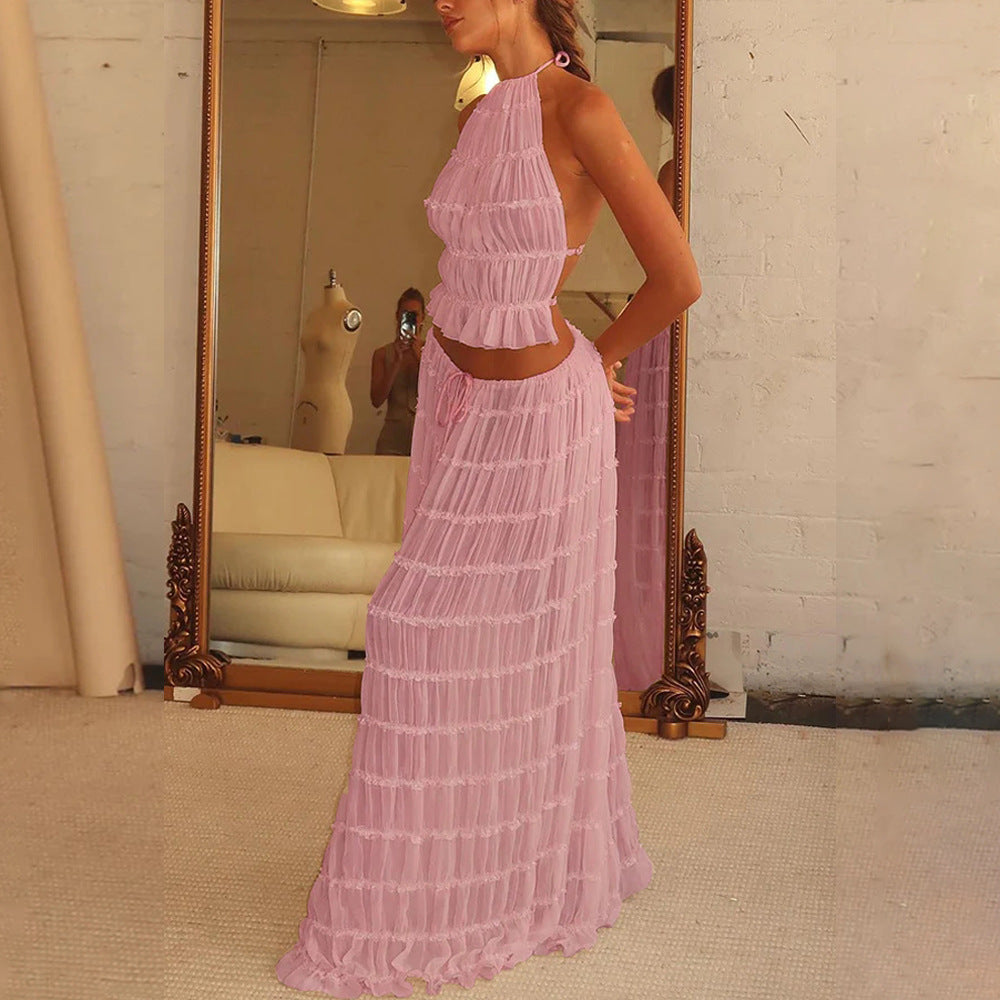 Sexy Crop Top and Flowing Pleated Skirt Set