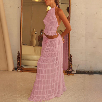 Sexy Crop Top and Flowing Pleated Skirt Set